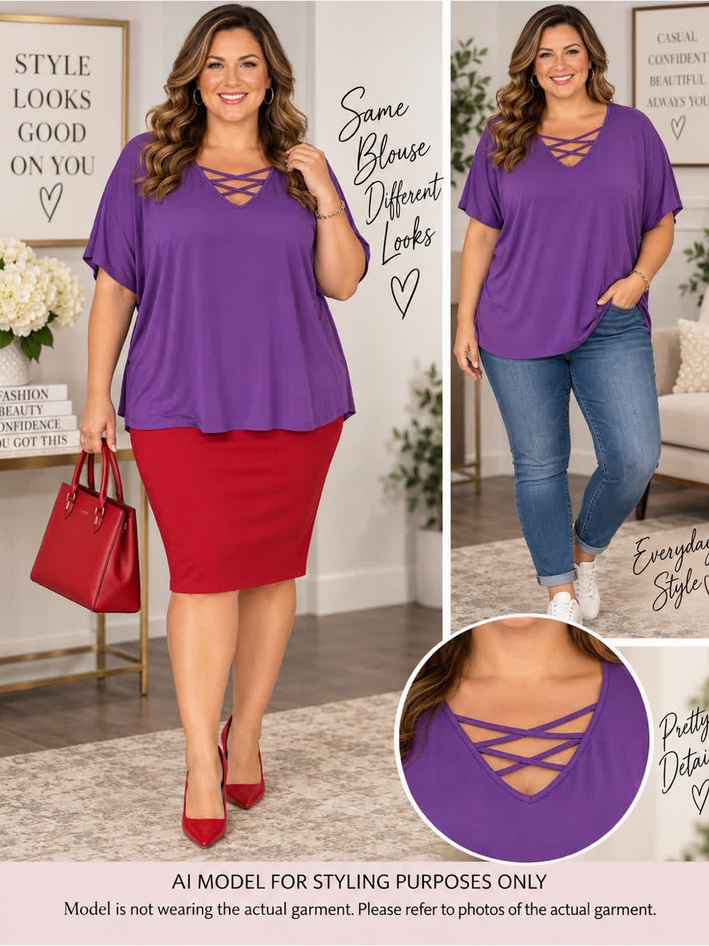Purple Crisscross V Neck Blouse 3X Super Soft Stretch Plus Size Top